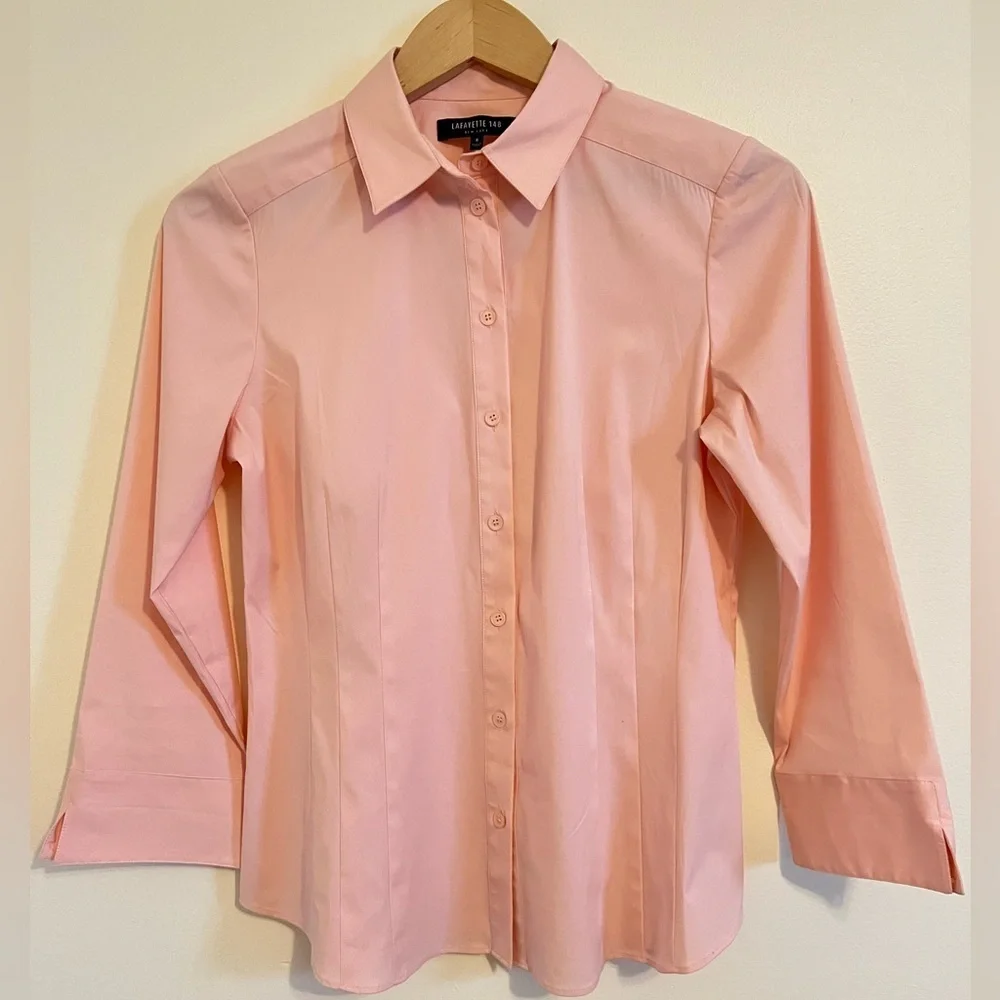 Lafayette 148 Designer Women Button Up Shirt sz 6 Peach Pleated Business Casual - Picture 1 of 16